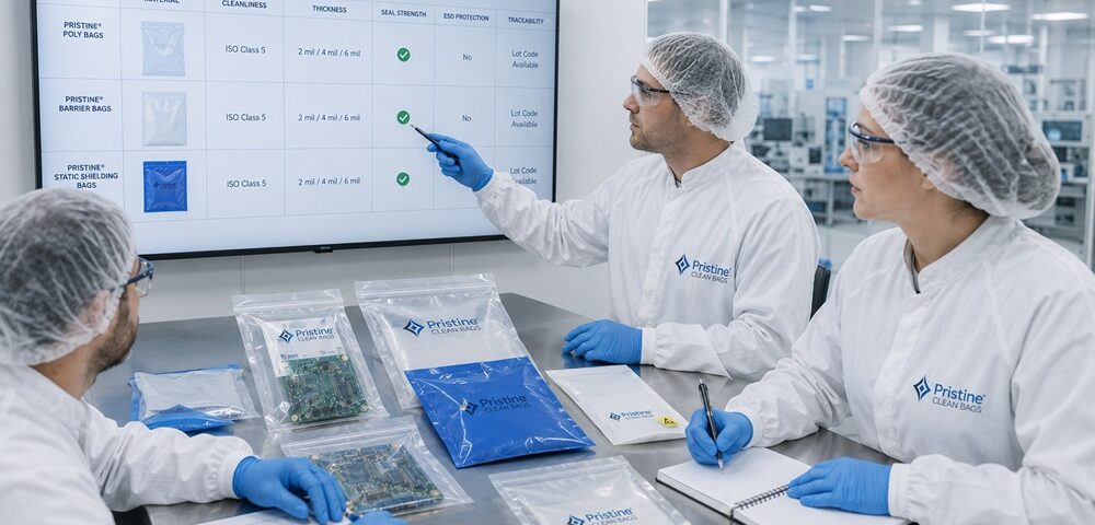 Quality assurance team reviewing cleanroom packaging standards and supplier qualification requirements