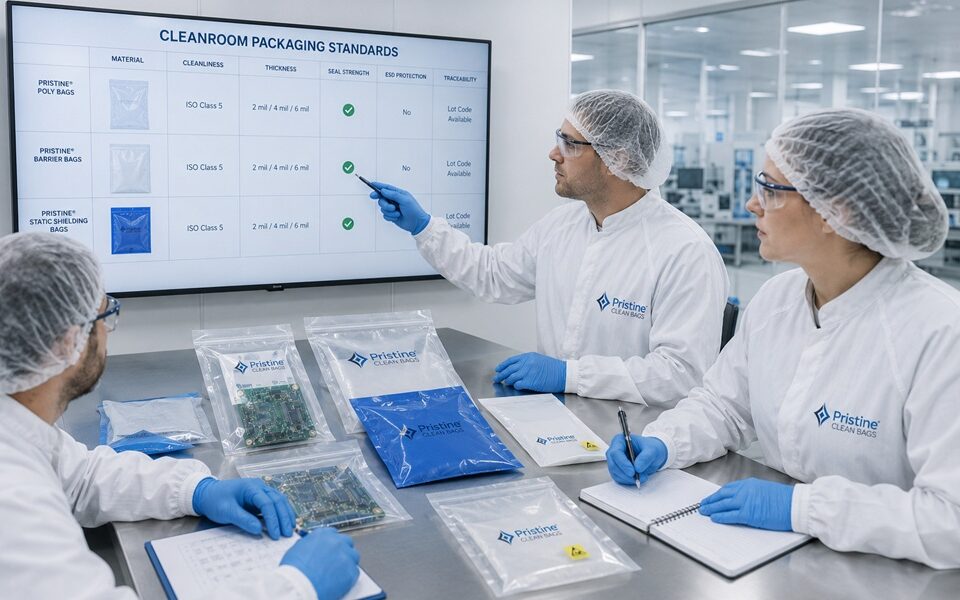 Quality assurance team reviewing cleanroom packaging standards and supplier qualification requirements