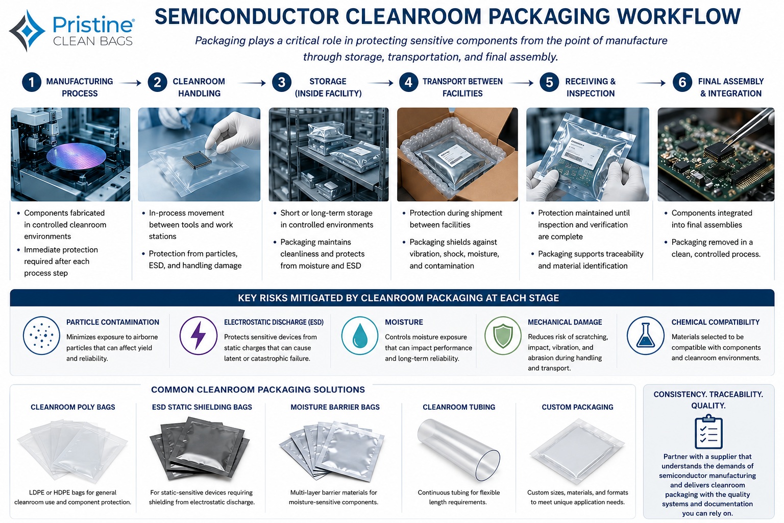 Workflow diagram showing how cleanroom packaging protects semiconductor components Workflow diagram showing how cleanroom packaging protects semiconductor components